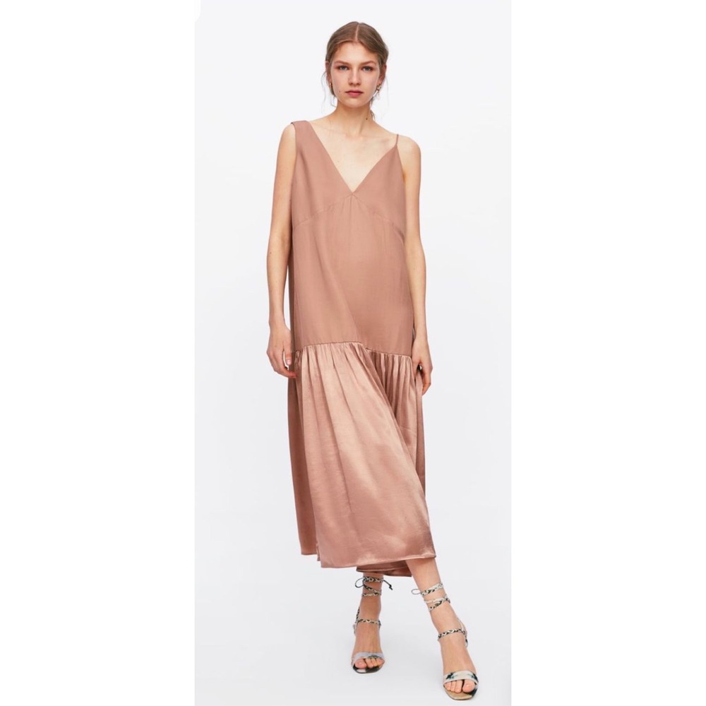 Zara Dusty Rose Asymmetric Strap Drop Waist Pleated Midi Dress S Balletcore